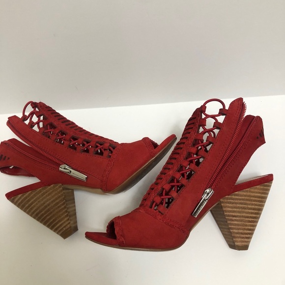Vince Camuto Red Leather Peep Toe Sling Back Cone Heel Size 5 - Picture 2 of 9